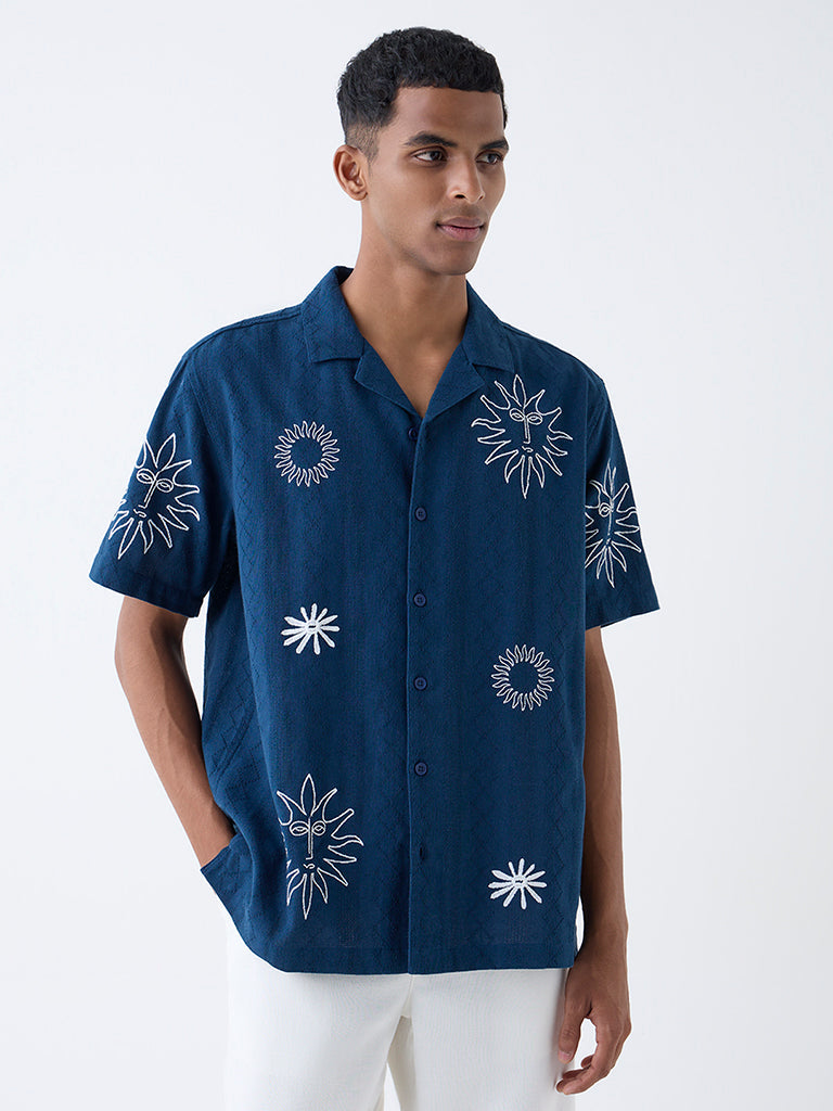 ETA Navy Embroidered Relaxed-Fit Shirt