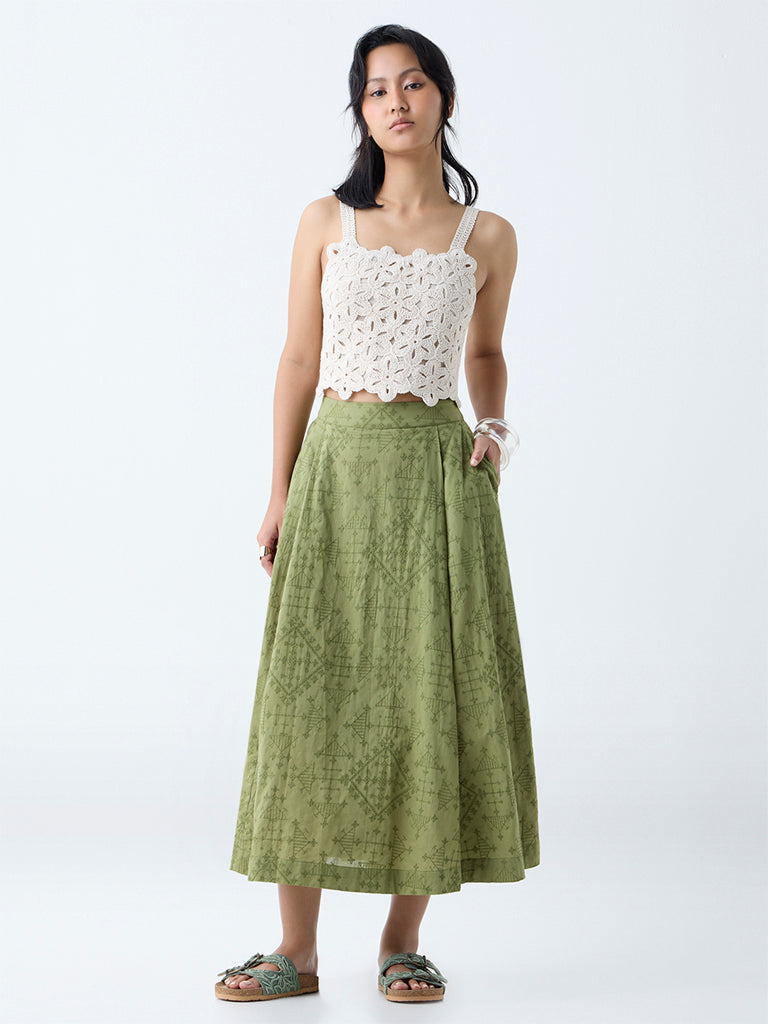 Bombay Paisley Sage Embroidered Cotton Skirt