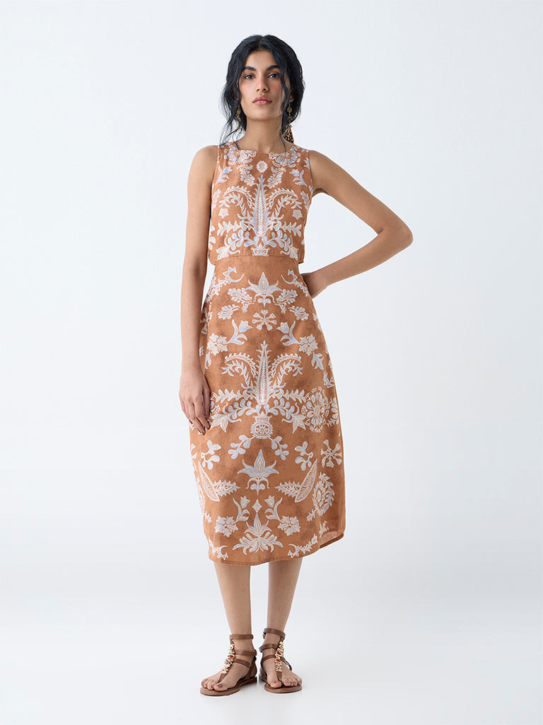 Bombay Paisley Tan Floral Design Cotton A-Line Dress