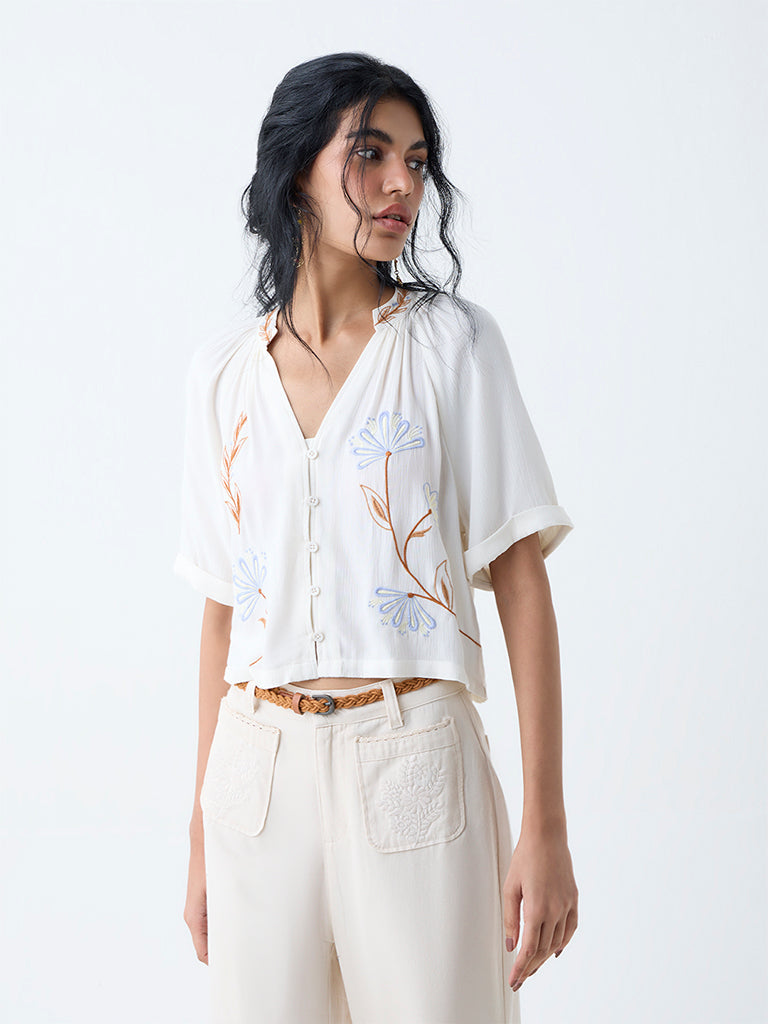 Bombay Paisley Off-White Floral Embroidered Top