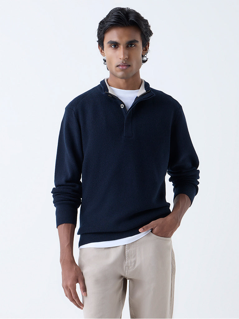 Ascot Navy Ribbed-Textured Relaxed-Fit Quarter-Zip Sweater