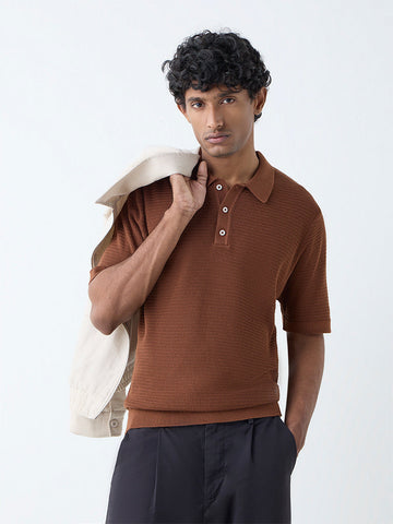 Ascot Brown Textured Relaxed-Fit Cotton-Blend Polo T-Shirt