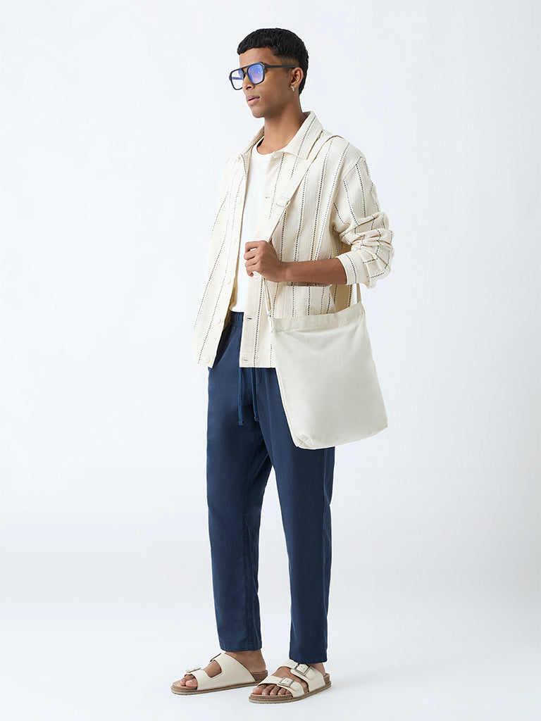 ETA Dark Blue Solid Relaxed-Fit Mid-Rise Cotton Pants