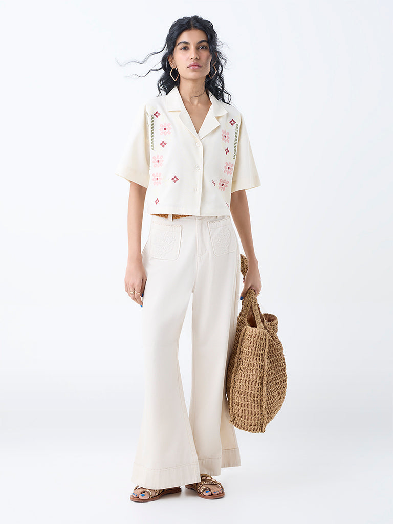 Bombay Paisley Off-White Wide-Leg Cotton Pants with Belt