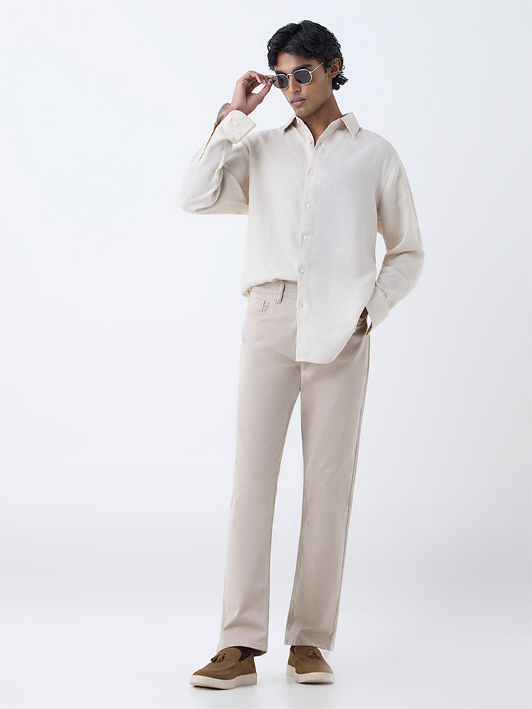 Ascot Cream Solid Relaxed-Fit Linen Shirt