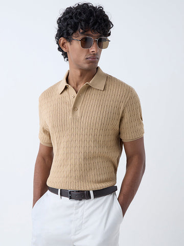 Ascot Beige Cable-Knit Relaxed-Fit Cotton Polo T-Shirt