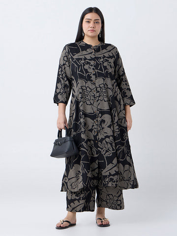 Diza Black Botanical-Printed A-Line Kurta