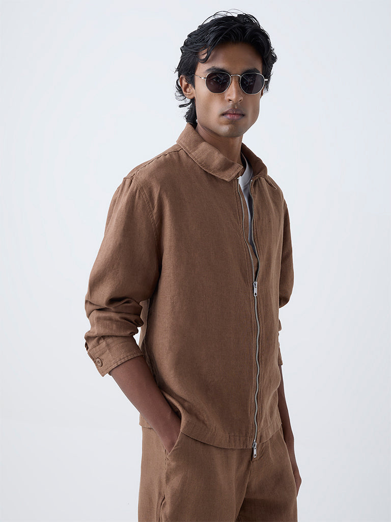 Ascot Khaki Solid Relaxed-Fit Linen Jacket