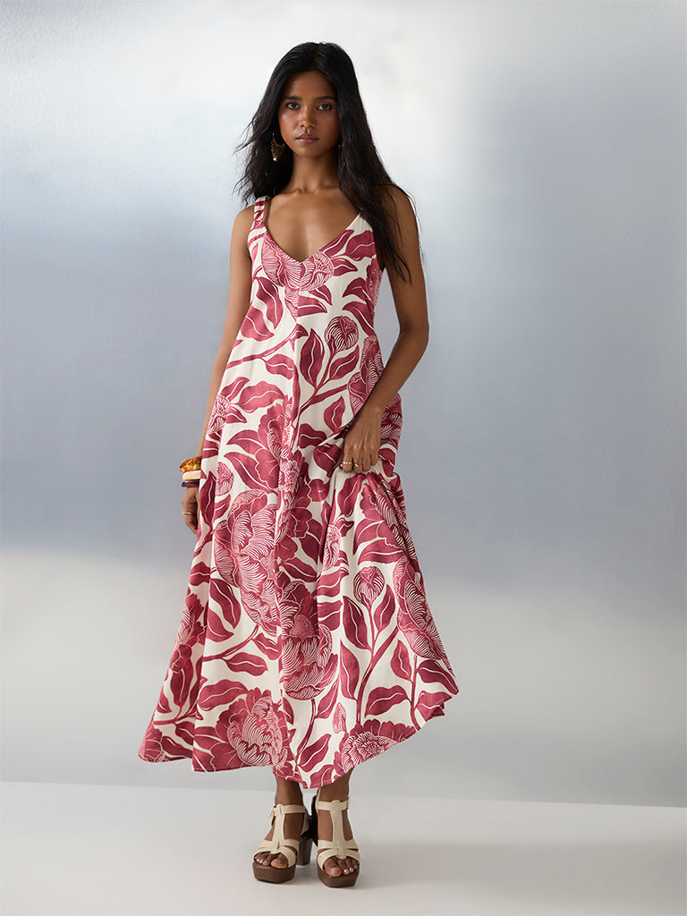 Bombay Paisley Red Botanical Printed Cotton A-Line Dress