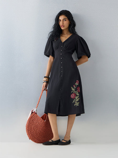 H*a様 PAISLEY EMBROIDERY DRESS BLACK Bombay Paisley Black Botanical Design Cotton A-Line Dress
