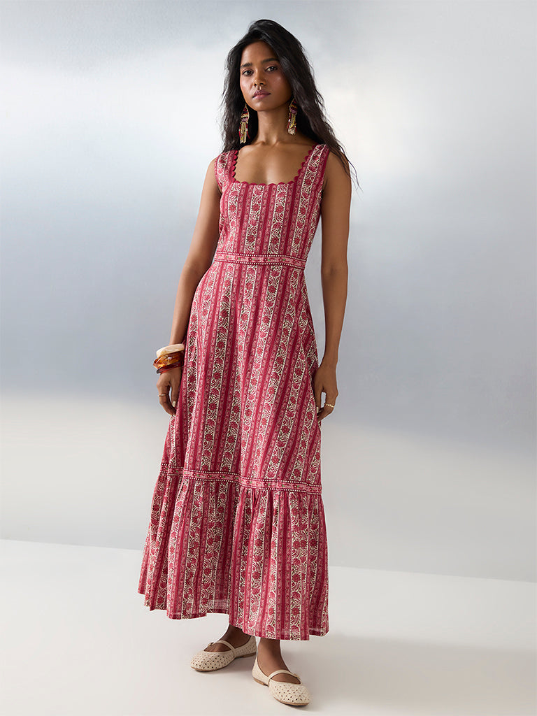 Bombay Paisley Red Floral Printed Cotton A-Line Dress