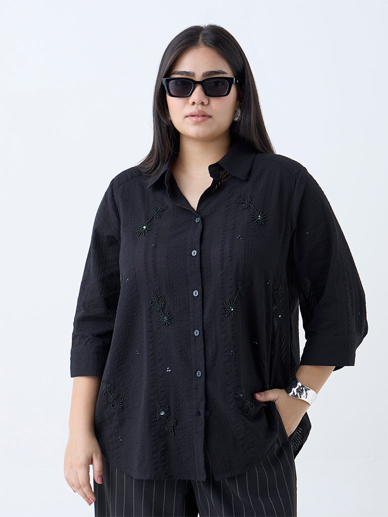 Gia Black Floral Embellished Cotton Shirt