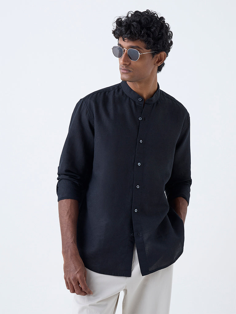Ascot Black Solid Relaxed-Fit Linen-Blend Shirt