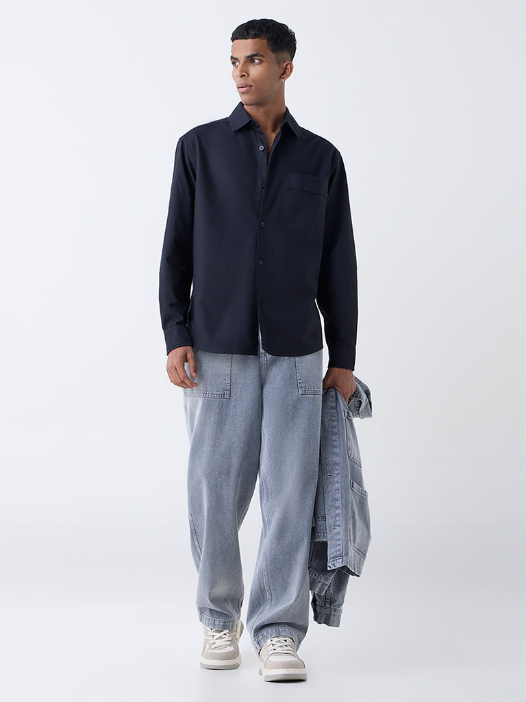 Nuon Black Solid Relaxed-Fit Cotton Shirt