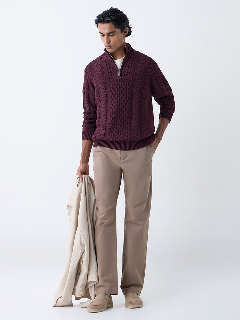 Ascot Wine Relaxed Fit Cotton Three-Quarter Zip Sweater