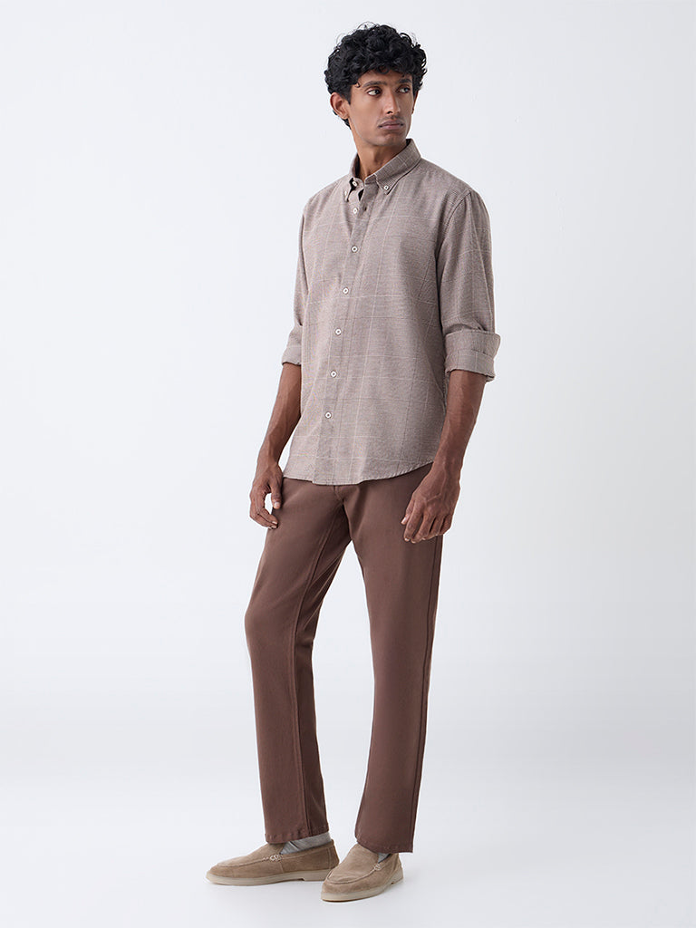 Ascot Tan Checkered Relaxed-Fit Cotton-Blend Shirt