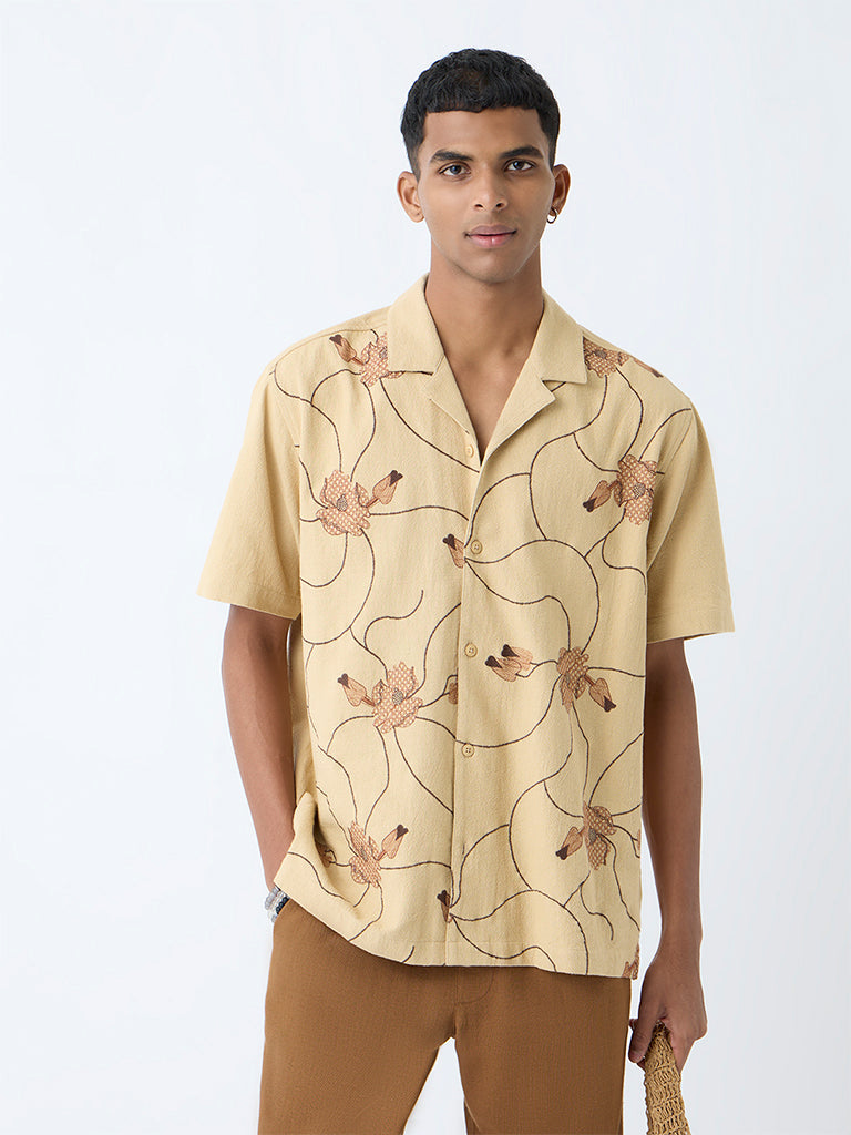 ETA Beige Floral Embroidered Relaxed-Fit Cotton Shirt