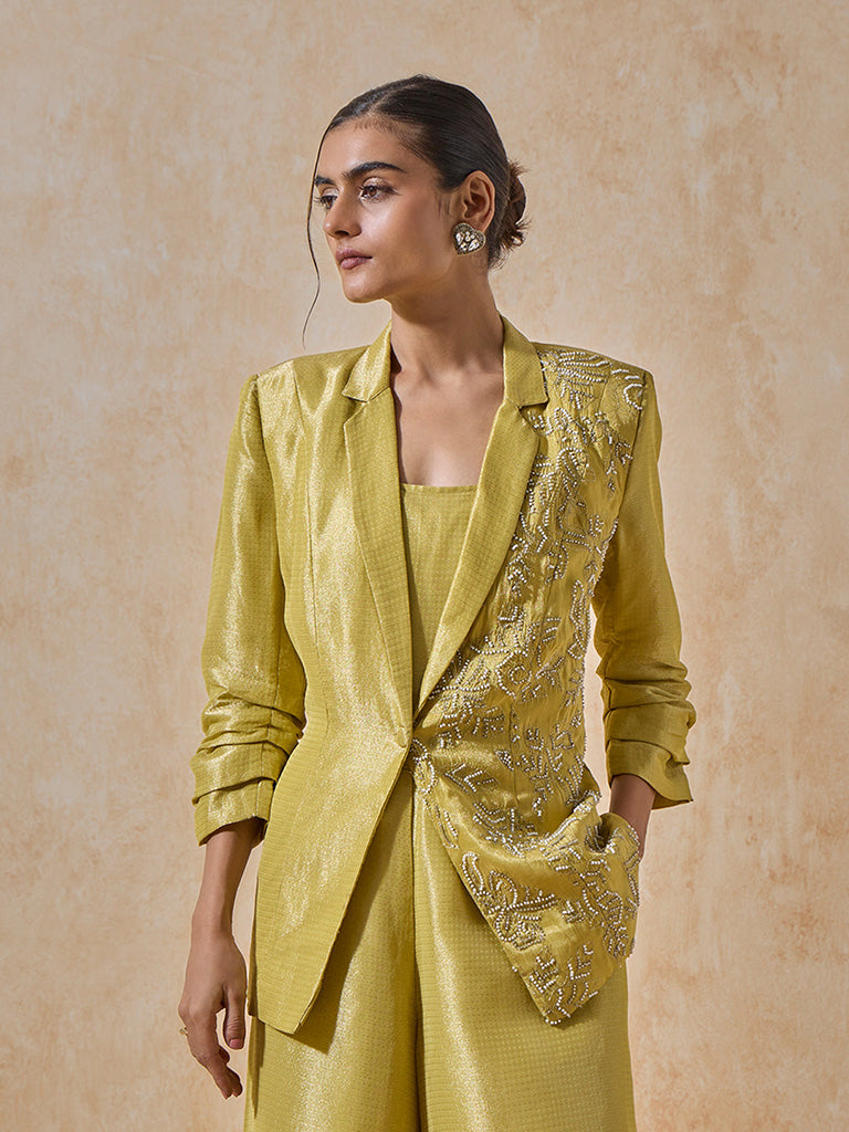 Embellished Yellow Blazer With Inner