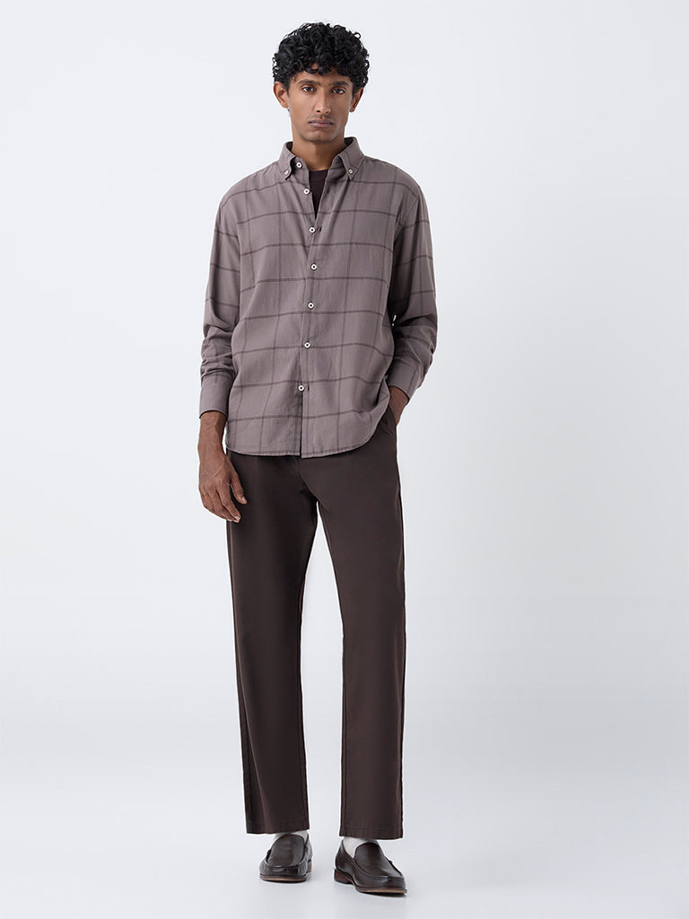 Ascot Taupe Checkered Pattern Relaxed-Fit Cotton Shirt