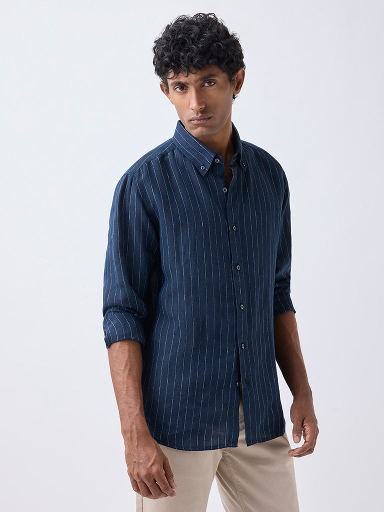 Ascot Navy Striped Relaxed-Fit Linen Shirt
