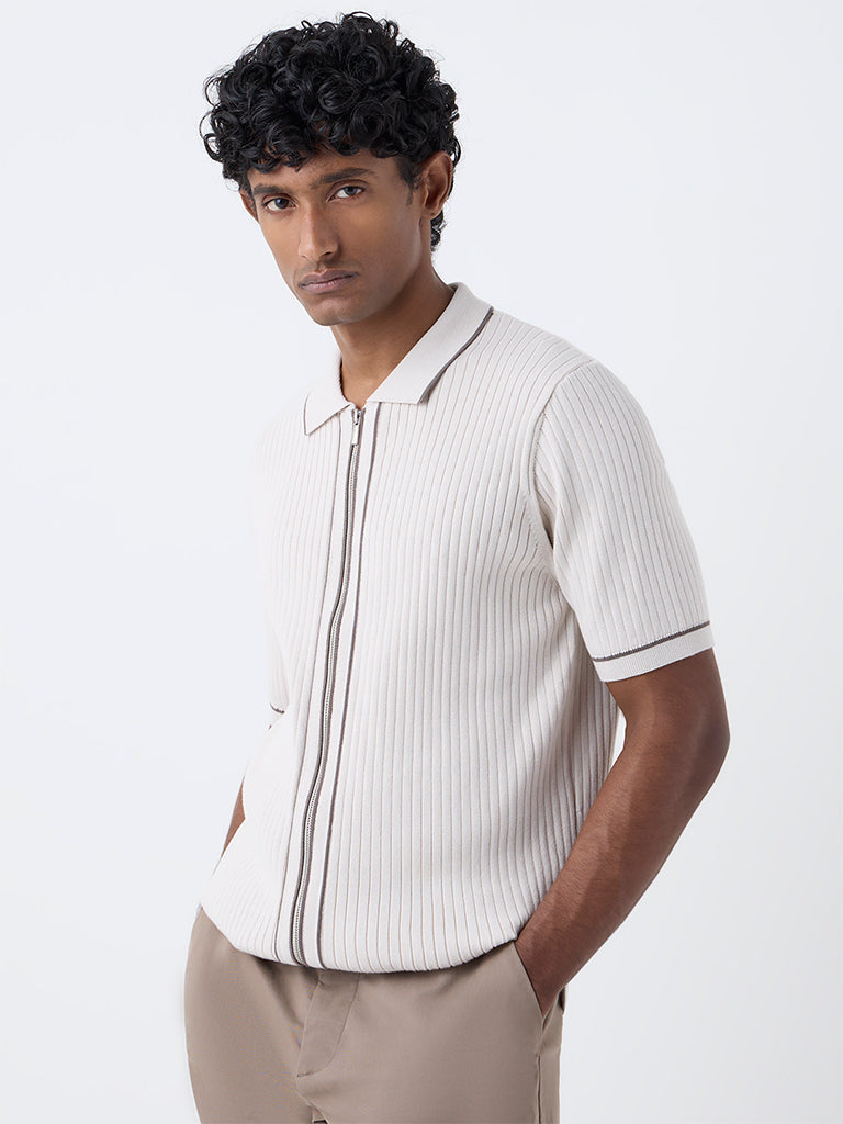 Ascot Beige Self-Stripe Relaxed-Fit Cotton-Blend T-Shirt