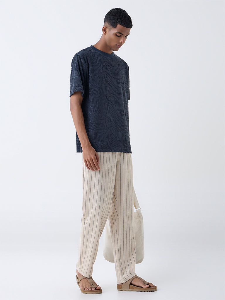 ETA Beige Pinstriped Relaxed-Fit Mid-Rise Cotton Trousers