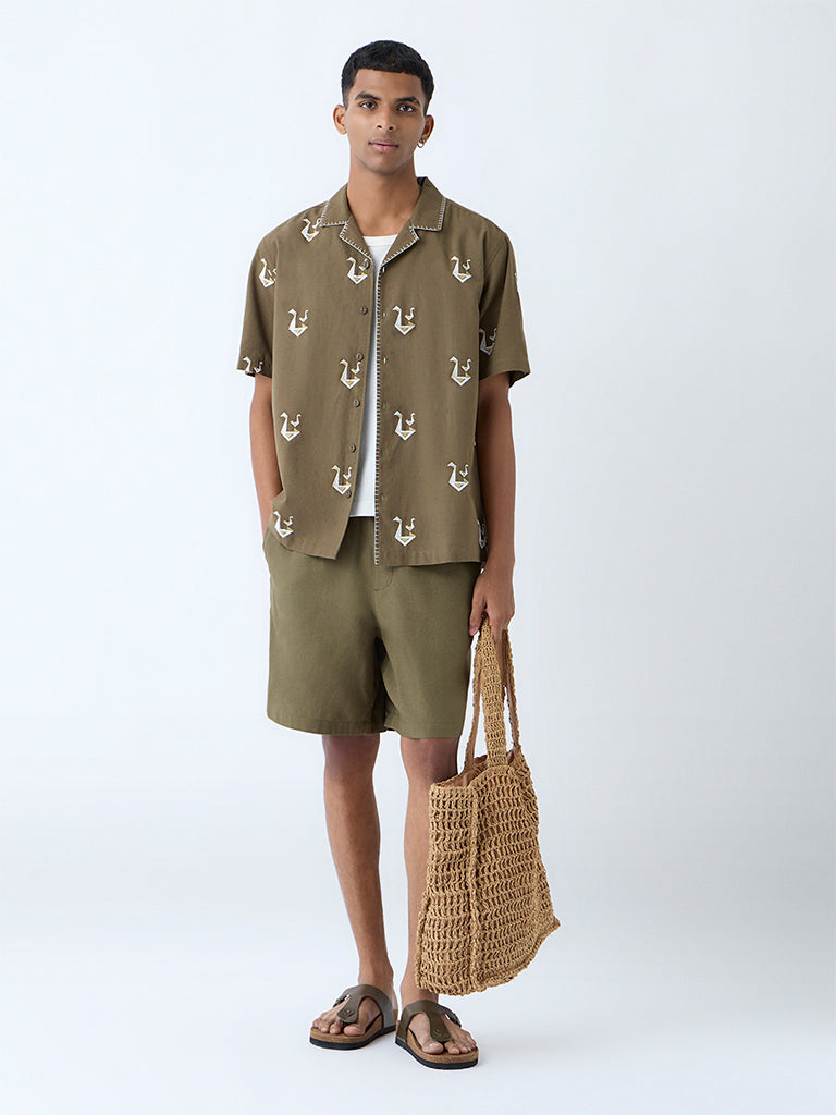 ETA Olive Solid Relaxed-Fit Mid-Rise Cotton-Blend Shorts