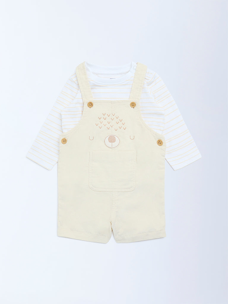 HOP Baby Beige Corduroy Cotton Dungaree with T-Shirt Set
