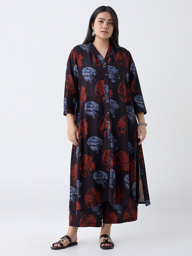 Diza Black Leaf Design A-Line Kurta