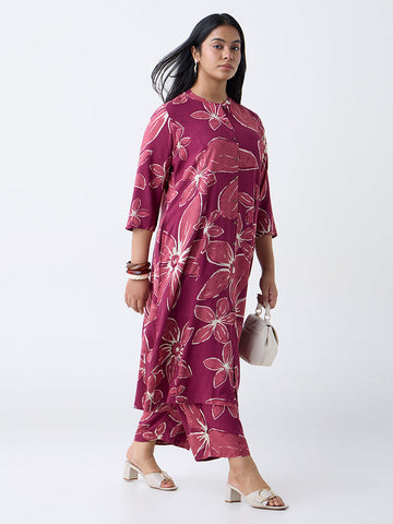 Diza Plum Floral Design A-Line Kurta