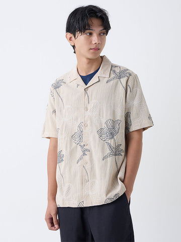 ETA Light Beige Floral Embroidered Relaxed-Fit Cotton Shirt