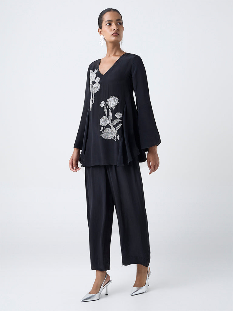 Vark Black Floral Embroidered Ethnic Set