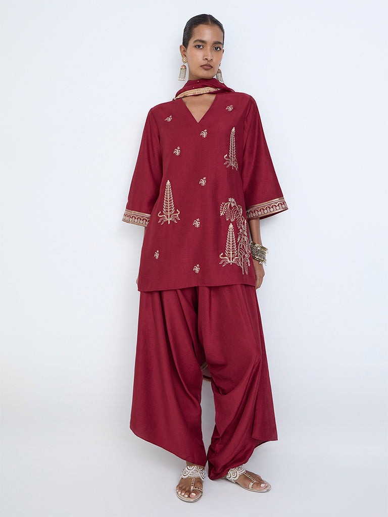 Vark Red Embroidered A-Line Ethnic Set