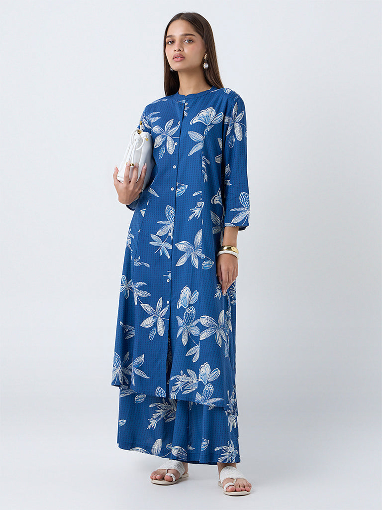Utsa Blue Floral Printed A-Line Kurta