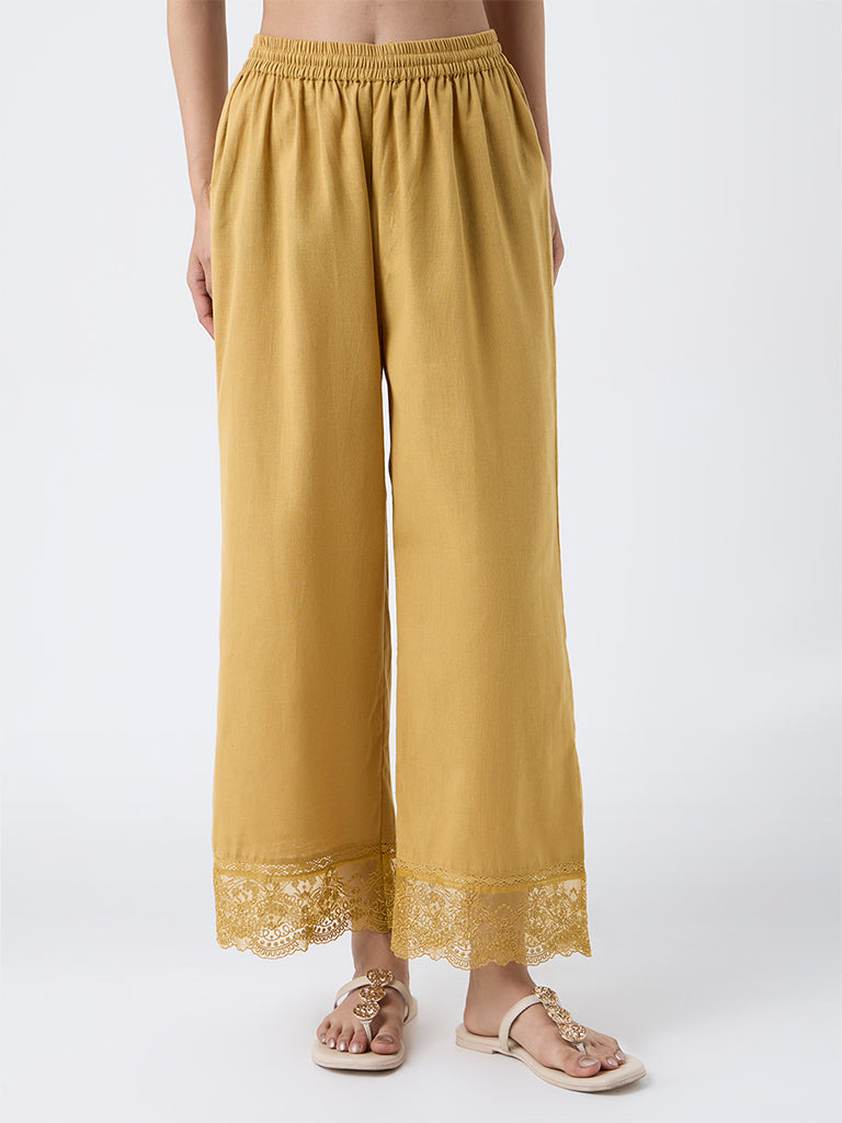 Utsa Mustard Lace-Detailed Cotton-Blend Ethnic Pants