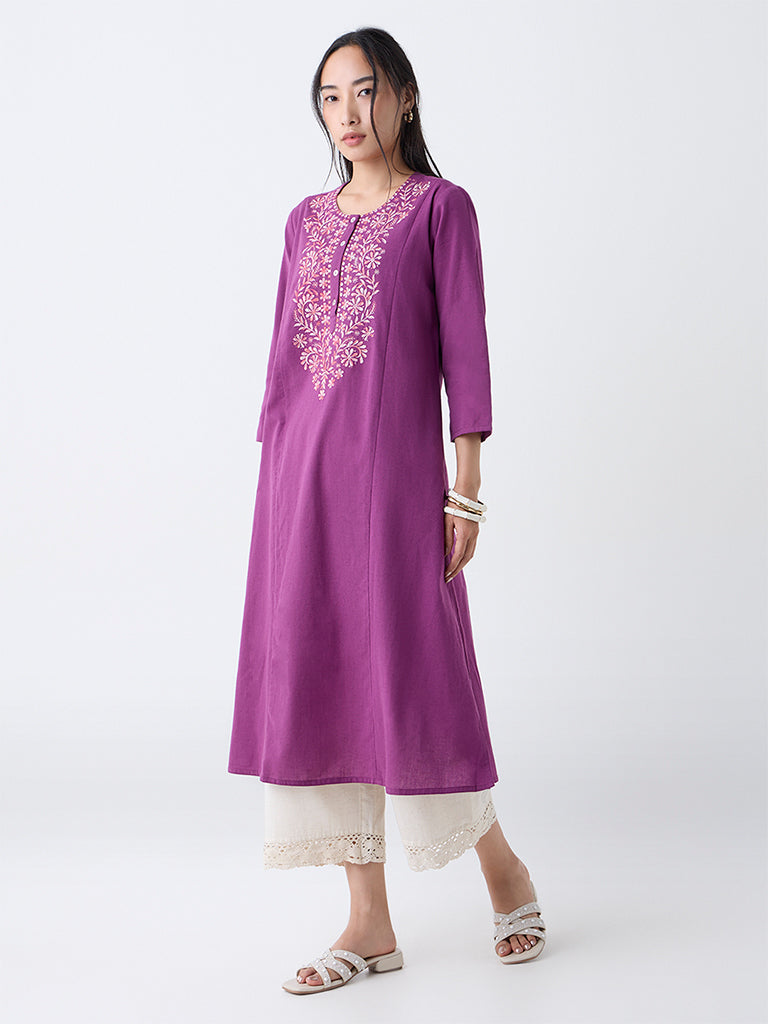 Utsa Plum Floral Embroidered Cotton-Blend A-Line Kurta