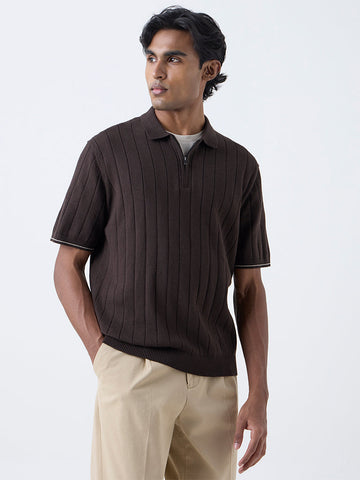 Ascot Dark Brown Relaxed-Fit Quarter-Zip Cotton-Blend Polo T-Shirt