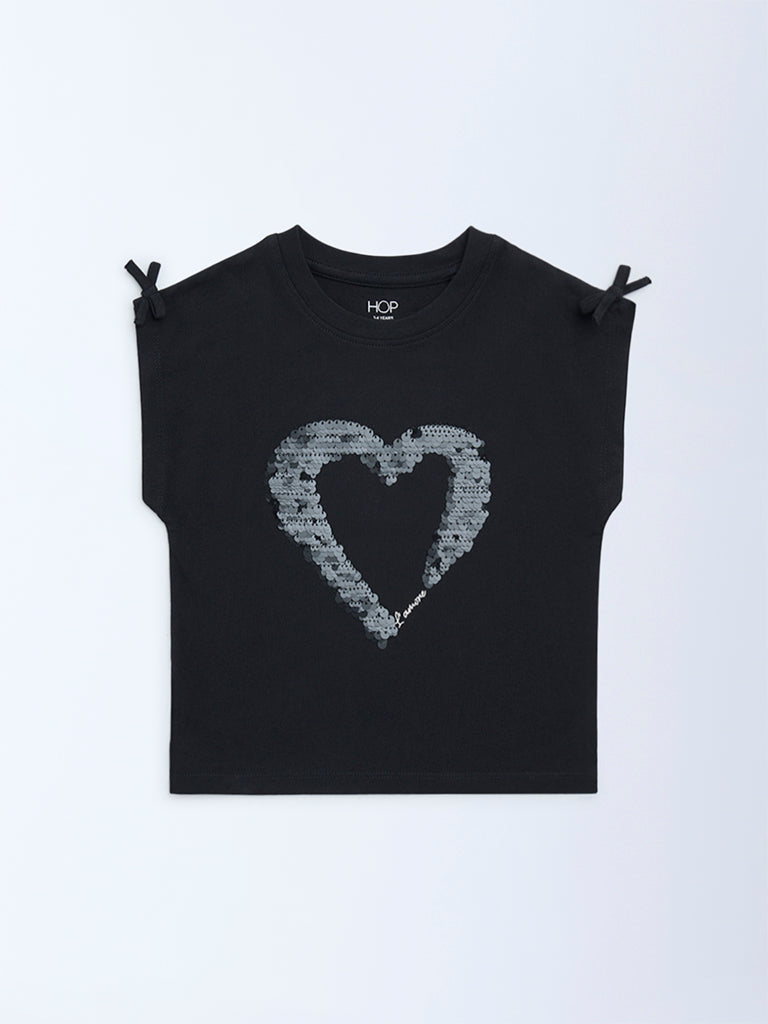 HOP Kids Girls Black Embellished Cotton T-Shirt