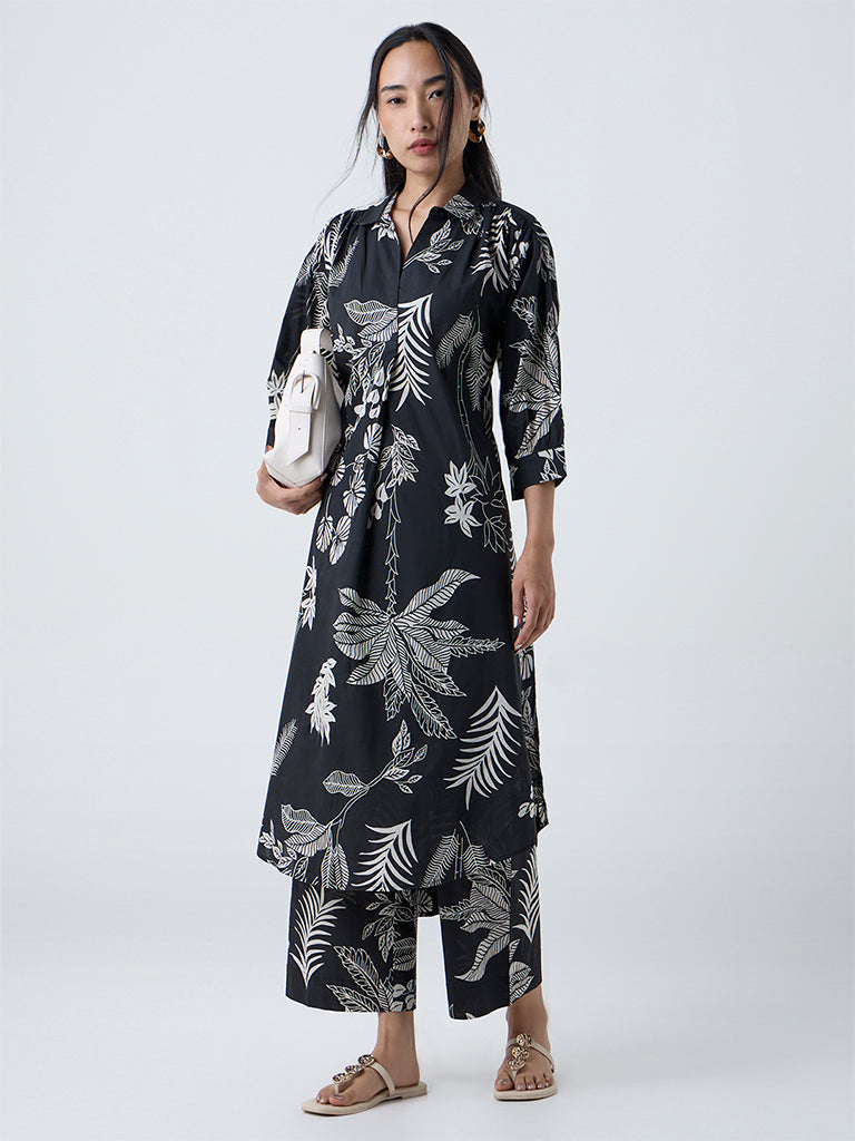 Utsa Black Foliage Design Cotton A-Line Kurta