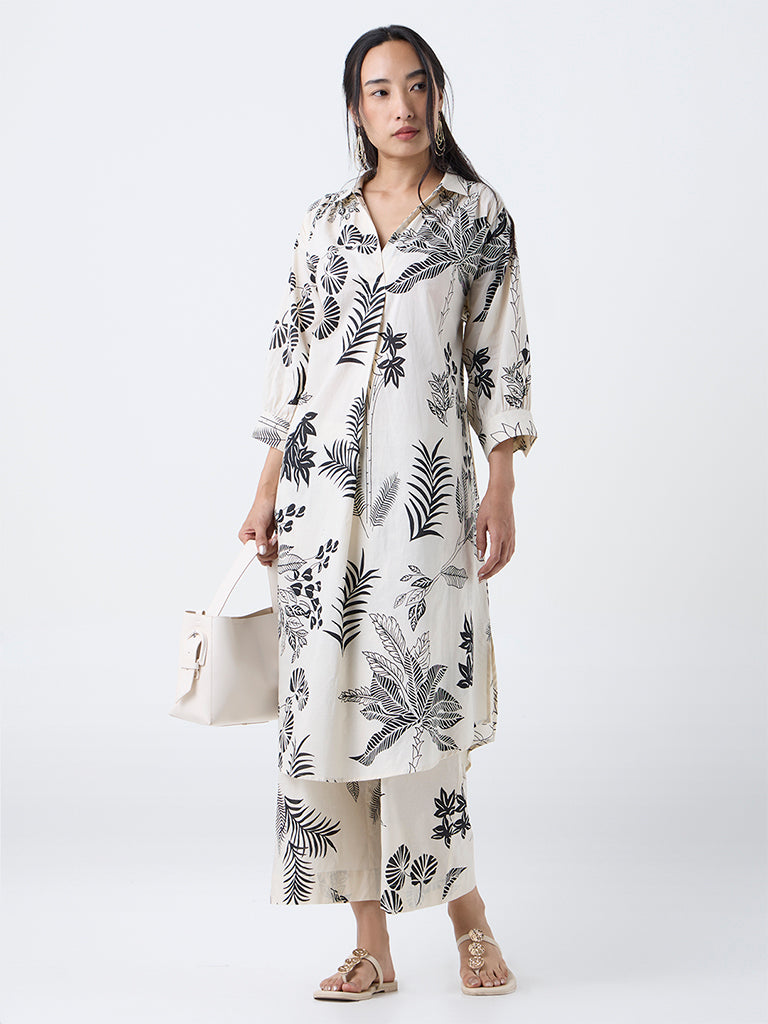 Utsa Off-White Foliage Design Cotton A-Line Kurta