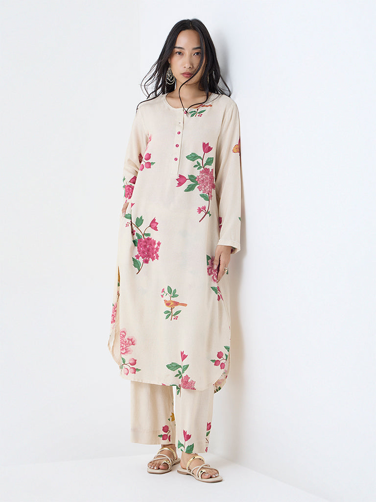 Utsa Cream Botanical Design A-Line Kurta