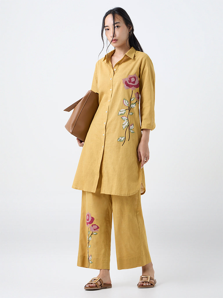 Utsa Mustard Floral Embroidered Cotton A-Line Kurta