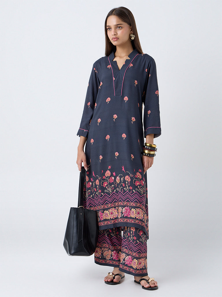 Utsa Black Floral Design Straight Kurta