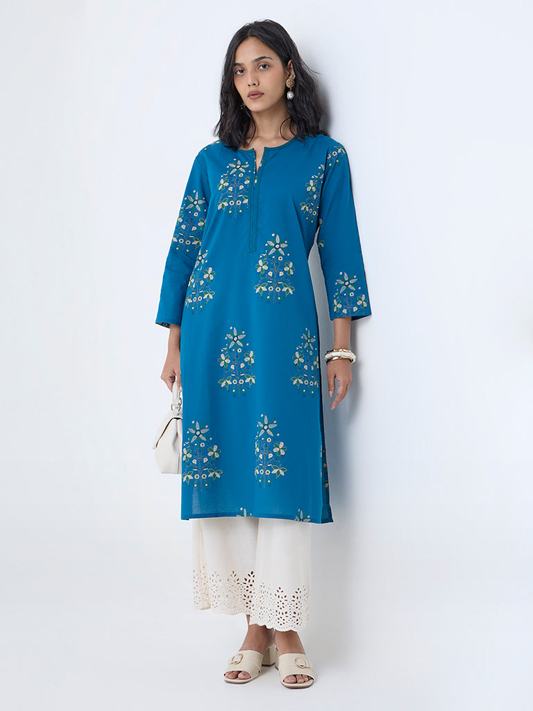 Utsa Blue Foliage Print Cotton Straight Kurta