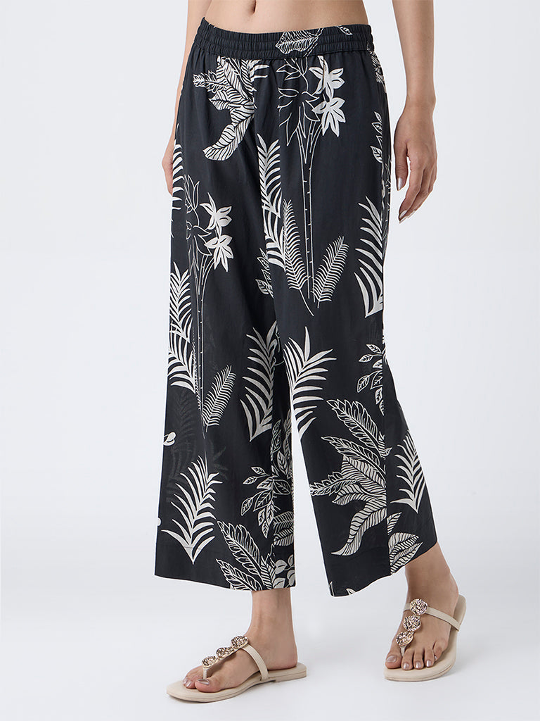 Utsa Black Foliage Design Cotton Ethnic Pants