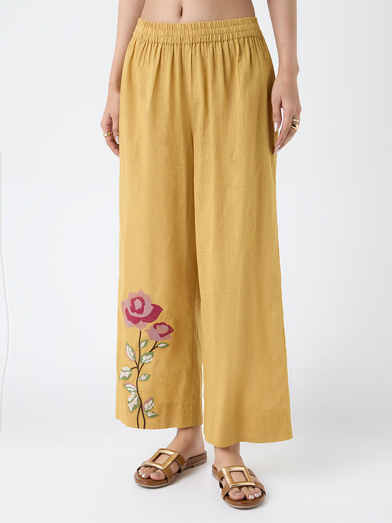 Utsa Mustard Floral Embroidered Cotton Pants