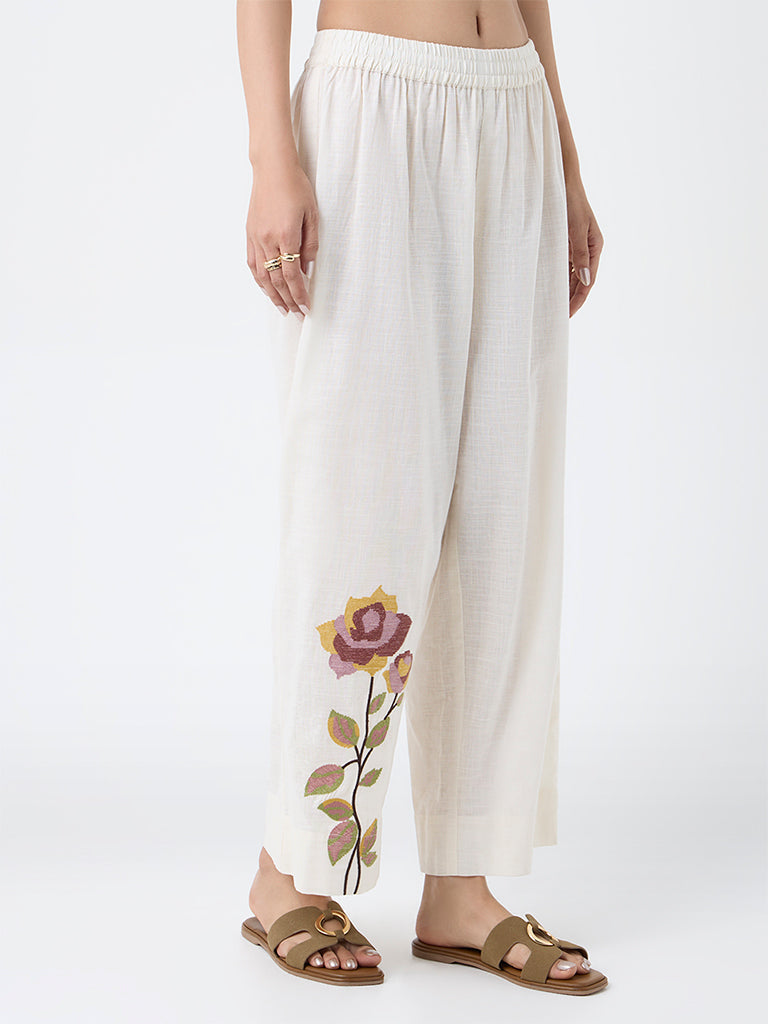 Utsa Off-White Floral Embroidered Cotton Pants