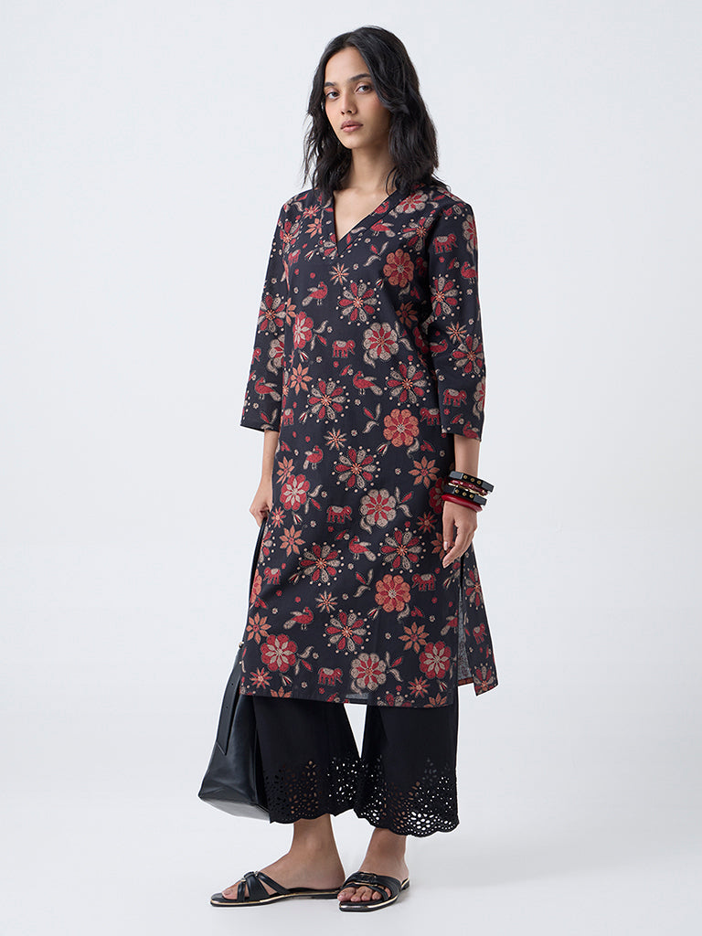 Utsa Black Floral Detailed Straight Cotton Kurta