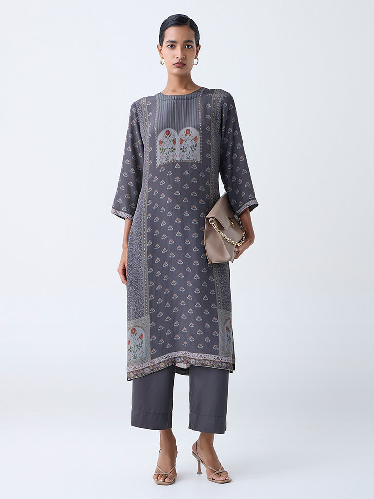 Zuba Grey Floral Pattern A-Line Kurta