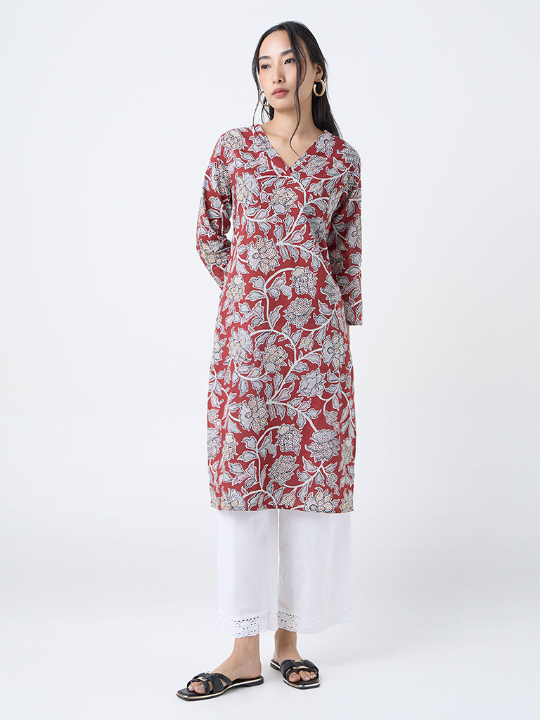Utsa Maroon Floral Pattern Straight Cotton Kurta